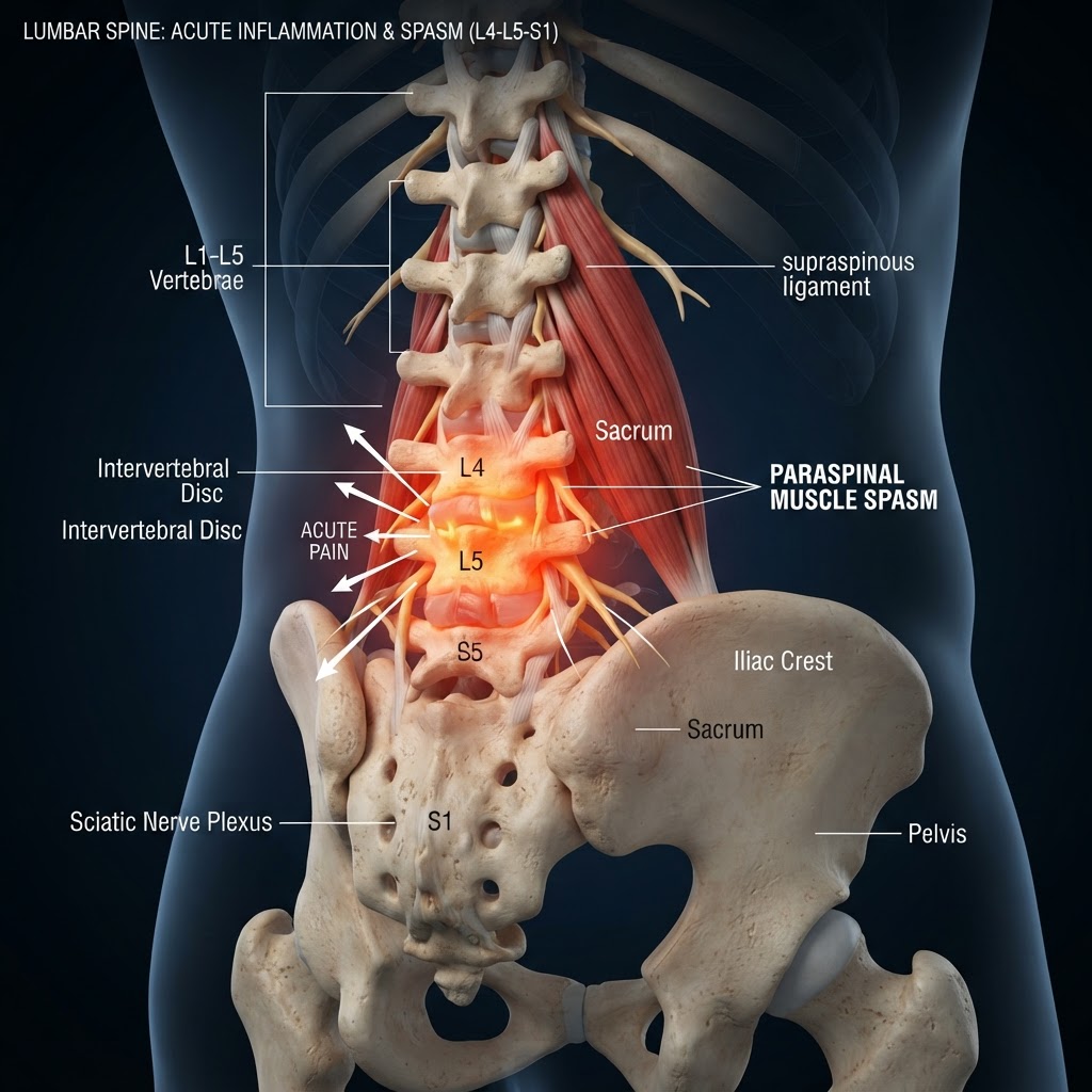 Fisioterapia urgente a Padova — anatomia del rachide lombare con infiammazione acuta